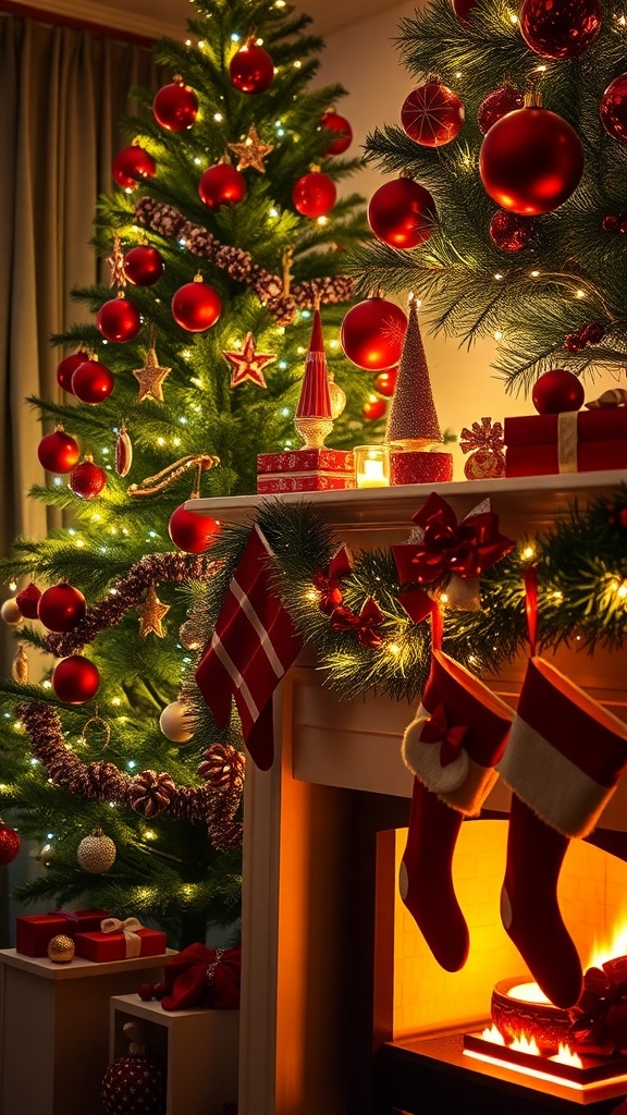 A decorated Christmas tree with red ornaments and a cozy fireplace.